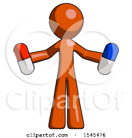 Orange Design Mascot Man Holding a Red Pill and Blue Pill by Leo Blanchette