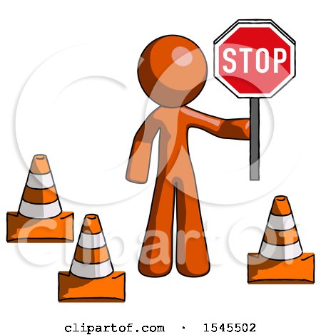 Orange Design Mascot Man Holding Stop Sign by Traffic Cones Under Construction Concept by Leo Blanchette