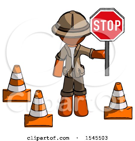 Orange Explorer Ranger Man Holding Stop Sign by Traffic Cones Under Construction Concept by Leo Blanchette