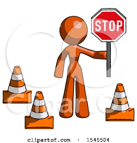 Orange Design Mascot Woman Holding Stop Sign by Traffic Cones Under Construction Concept by Leo Blanchette