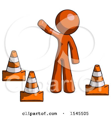 Orange Design Mascot Man Standing by Traffic Cones Waving by Leo Blanchette