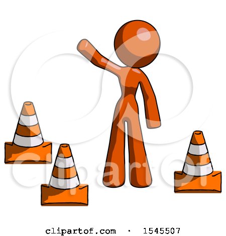 Orange Design Mascot Woman Standing by Traffic Cones Waving by Leo Blanchette