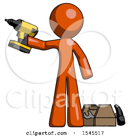 Orange Design Mascot Man Holding Drill Ready to Work, Toolchest and Tools to Right by Leo Blanchette