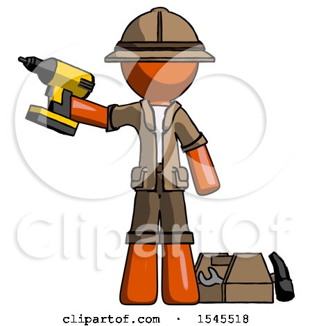 Orange Explorer Ranger Man Holding Drill Ready to Work, Toolchest and Tools to Right by Leo Blanchette