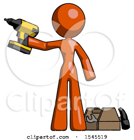 Orange Design Mascot Woman Holding Drill Ready to Work, Toolchest and Tools to Right by Leo Blanchette