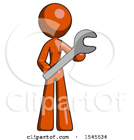 Orange Design Mascot Woman Holding Large Wrench with Both Hands by Leo Blanchette