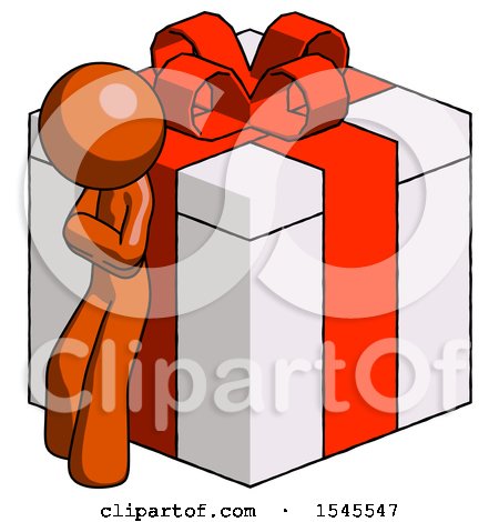 Orange Design Mascot Man Leaning on Gift with Red Bow Angle View by Leo Blanchette
