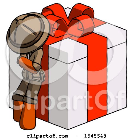 Orange Explorer Ranger Man Leaning on Gift with Red Bow Angle View by Leo Blanchette
