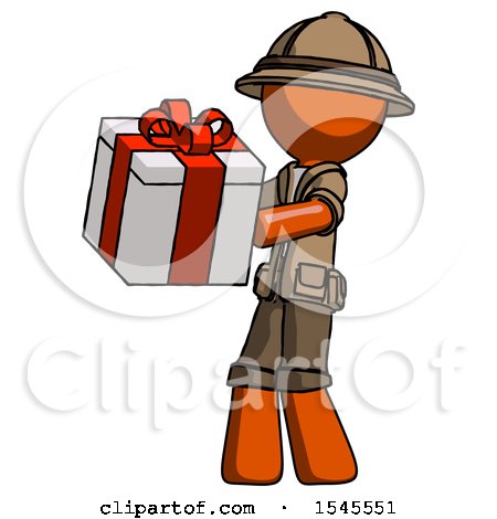 Orange Explorer Ranger Man Presenting a Present with Large Red Bow on It by Leo Blanchette