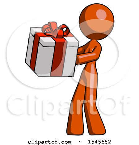 Orange Design Mascot Woman Presenting a Present with Large Red Bow on It by Leo Blanchette