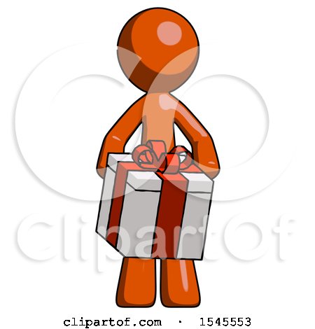 Orange Design Mascot Man Gifting Present with Large Bow Front View by Leo Blanchette