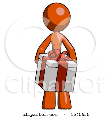 Orange Design Mascot Woman Gifting Present with Large Bow Front View by Leo Blanchette