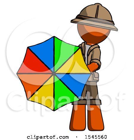 Orange Explorer Ranger Man Holding Rainbow Umbrella out to Viewer by Leo Blanchette