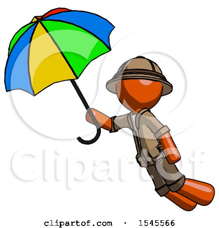 Orange Explorer Ranger Man Flying with Rainbow Colored Umbrella by Leo Blanchette