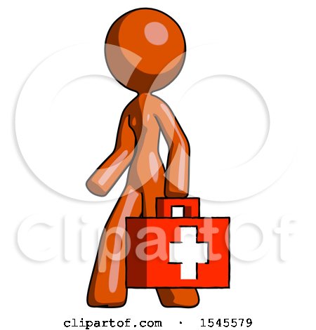 Orange Design Mascot Woman Walking with Medical Aid Briefcase to Left by Leo Blanchette