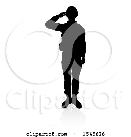 Clipart of a Silhouetted Soldier Saluting, with a Reflection or Shadow, on a White Background - Royalty Free Vector Illustration by AtStockIllustration
