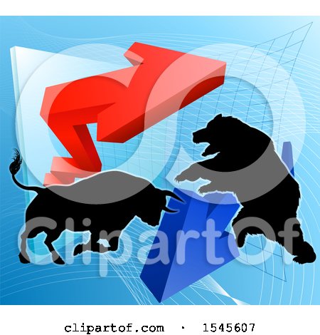 Clipart of a Silhouetted Bear Vs Bull Stock Market Design with Arrows over a Graph - Royalty Free Vector Illustration by AtStockIllustration