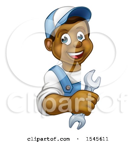 Clipart of a Cartoon Happy Black Male Plumber Holding a Spanner Wrench Around a Sign - Royalty Free Vector Illustration by AtStockIllustration