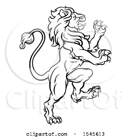 Clipart of a Black and White Heraldic Rampant Lion - Royalty Free Vector Illustration by AtStockIllustration