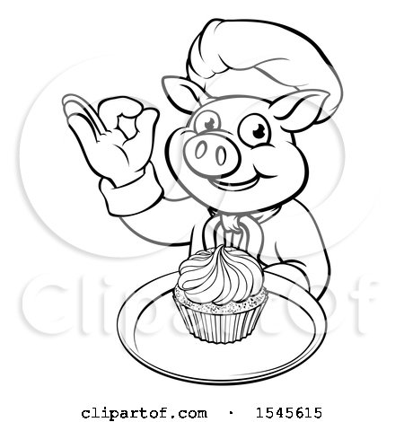 Clipart of a Lineart Chef Pig Holding a Cupcake on a Tray and Gesturing Okay - Royalty Free Vector Illustration by AtStockIllustration