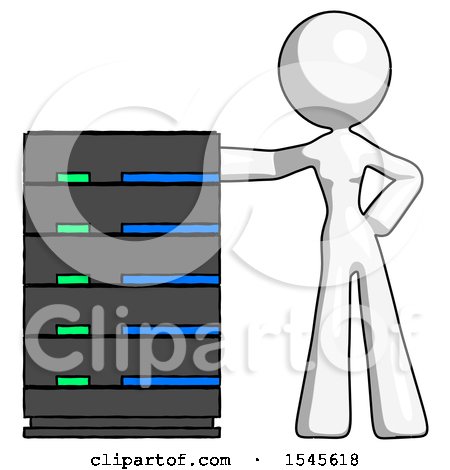 White Design Mascot Woman with Server Rack Leaning Confidently Against It by Leo Blanchette