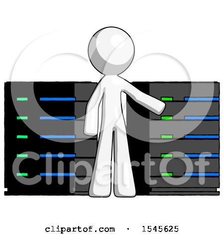 White Design Mascot Man with Server Racks, in Front of Two Networked Systems by Leo Blanchette