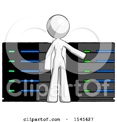 White Design Mascot Woman with Server Racks, in Front of Two Networked Systems by Leo Blanchette