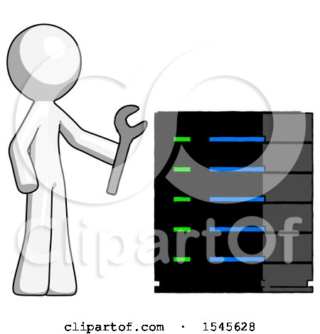 White Design Mascot Man Server Administrator Doing Repairs by Leo Blanchette