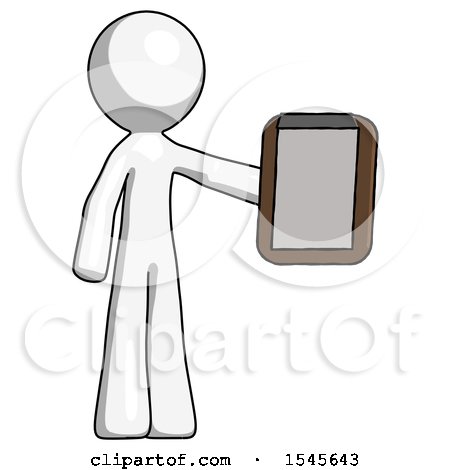 White Design Mascot Man Showing Clipboard to Viewer by Leo Blanchette