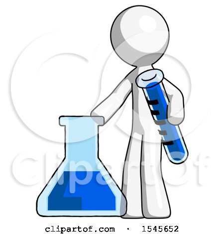 White Design Mascot Man Holding Test Tube Beside Beaker or Flask by Leo Blanchette