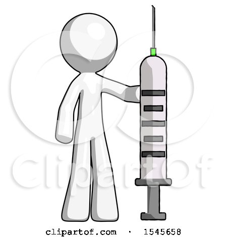 White Design Mascot Man Holding Large Syringe by Leo Blanchette