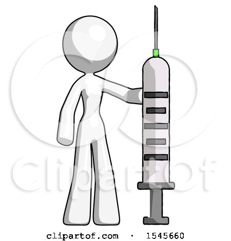 White Design Mascot Woman Holding Large Syringe by Leo Blanchette
