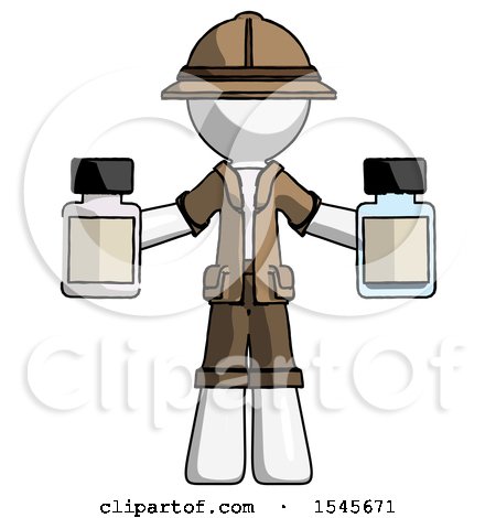 White Explorer Ranger Man Holding Two Medicine Bottles by Leo Blanchette
