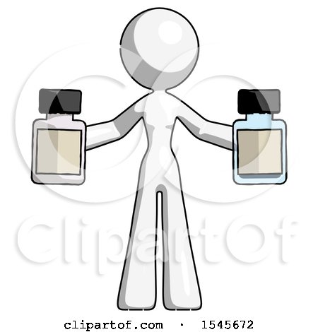 White Design Mascot Woman Holding Two Medicine Bottles by Leo Blanchette