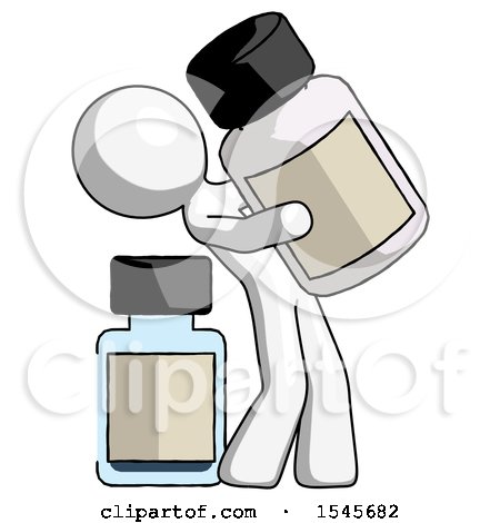 White Design Mascot Man Holding Large White Medicine Bottle with Bottle in Background by Leo Blanchette
