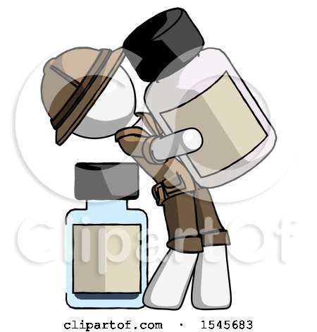 White Explorer Ranger Man Holding Large White Medicine Bottle with Bottle in Background by Leo Blanchette