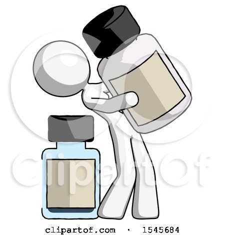 White Design Mascot Woman Holding Large White Medicine Bottle with Bottle in Background by Leo Blanchette