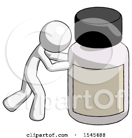 White Design Mascot Man Pushing Large Medicine Bottle by Leo Blanchette