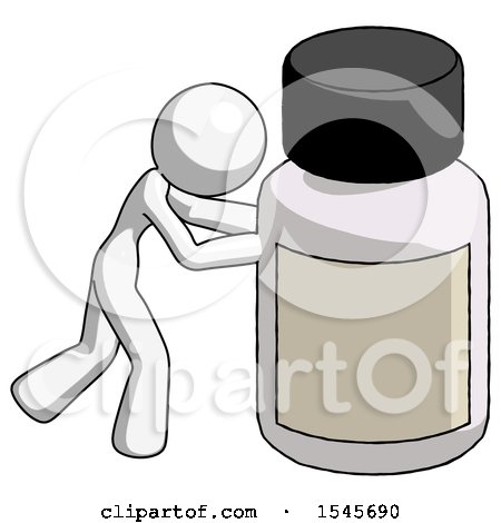 White Design Mascot Woman Pushing Large Medicine Bottle by Leo Blanchette