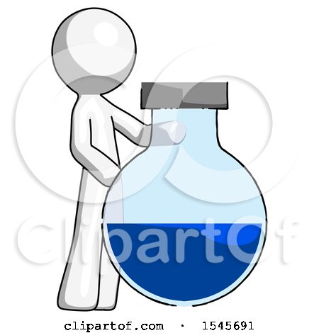White Design Mascot Man Standing Beside Large Round Flask or Beaker by Leo Blanchette