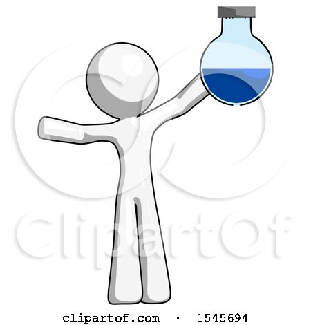 White Design Mascot Man Holding Large Round Flask or Beaker by Leo Blanchette