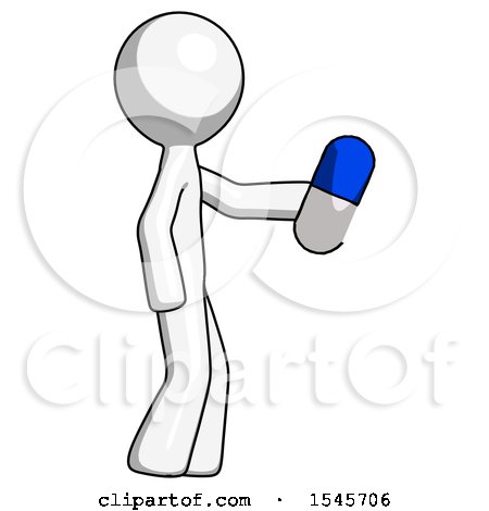 White Design Mascot Man Holding Blue Pill Walking to Right by Leo Blanchette