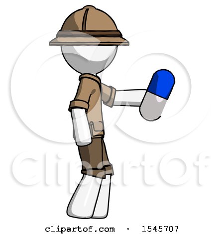 White Explorer Ranger Man Holding Blue Pill Walking to Right by Leo Blanchette