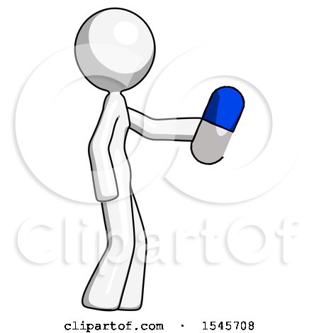 White Design Mascot Woman Holding Blue Pill Walking to Right by Leo Blanchette