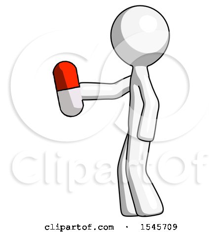 White Design Mascot Man Holding Red Pill Walking to Left by Leo Blanchette