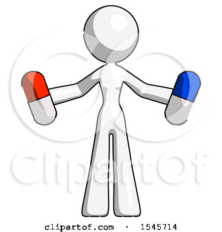 White Design Mascot Woman Holding a Red Pill and Blue Pill by Leo Blanchette