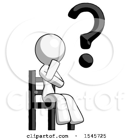 White Design Mascot Woman Question Mark Concept, Sitting on Chair Thinking by Leo Blanchette
