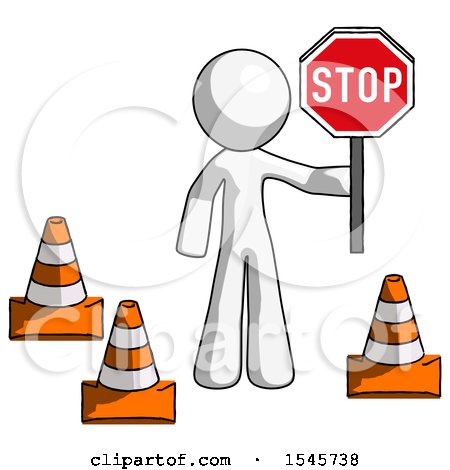 White Design Mascot Man Holding Stop Sign by Traffic Cones Under Construction Concept by Leo Blanchette