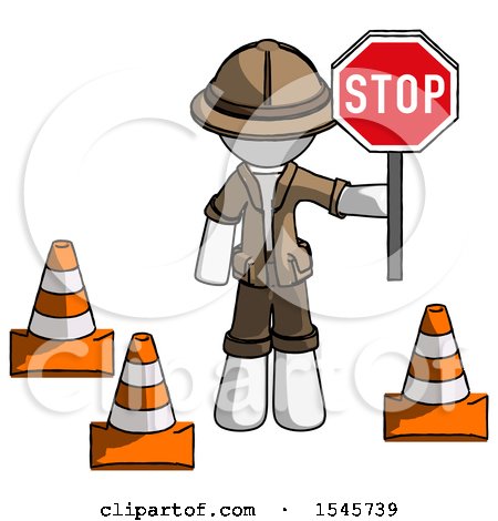 White Explorer Ranger Man Holding Stop Sign by Traffic Cones Under Construction Concept by Leo Blanchette