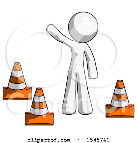 White Design Mascot Man Standing by Traffic Cones Waving by Leo Blanchette